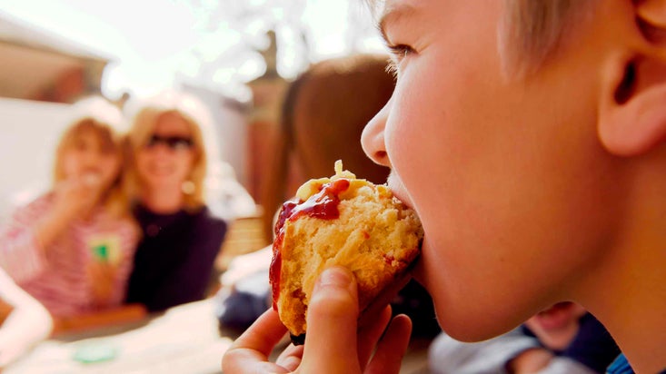 A close-up of a child biting into a scone at Mottisfont, Hampshire